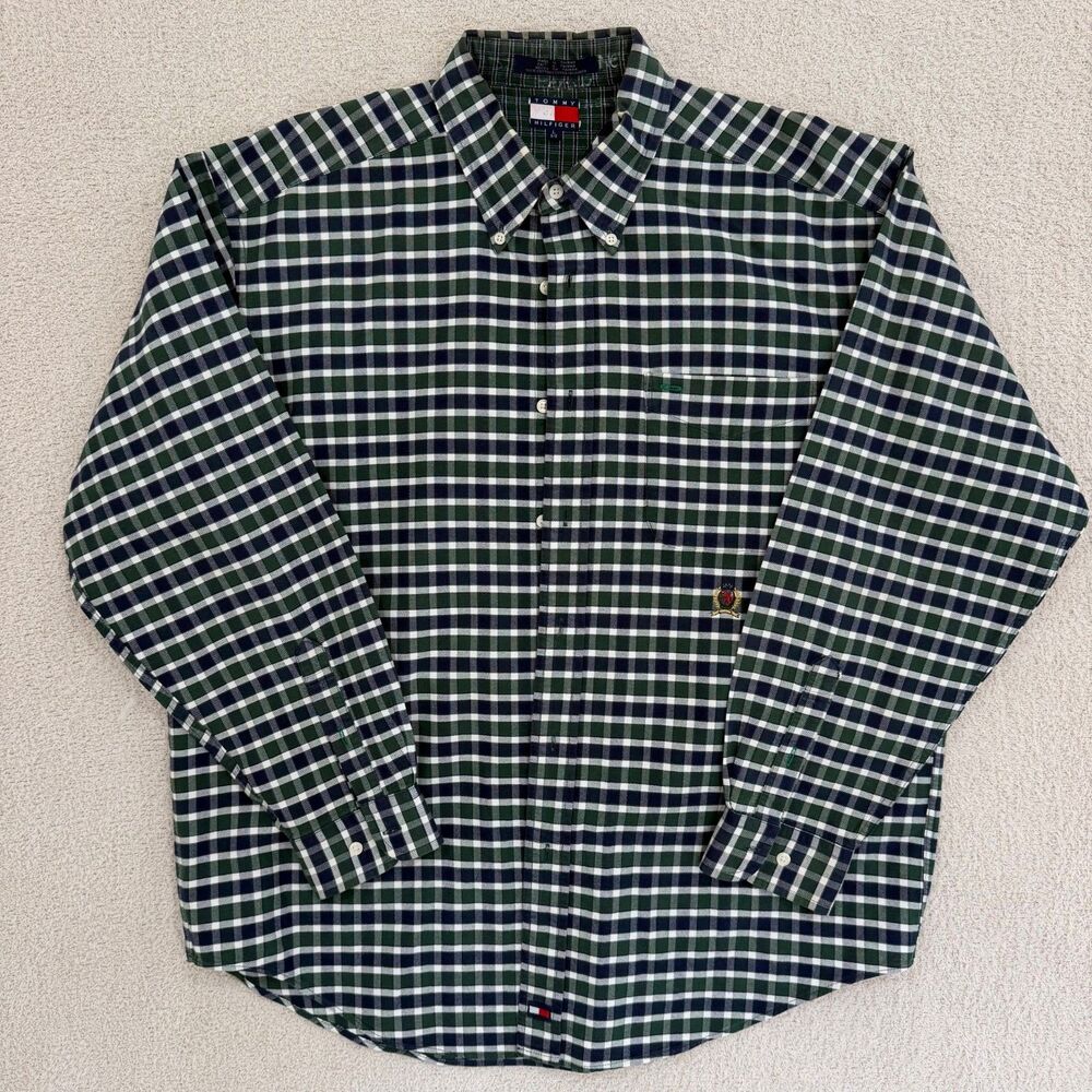 Vintage 90s Tommy Hilfiger Plaid Button Down Shirt Mens L Green Navy Crest Logo